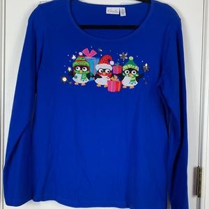 Kim Rogers petite blue long sleeved crew neck tee shirt size LP. Penguins front